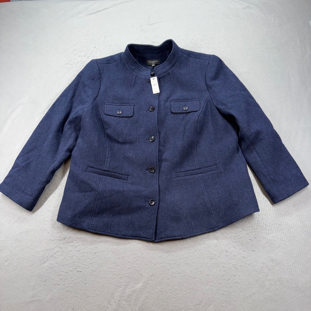 Talbots Jacket Womens 20W Blue Wool Blend Mock Neck Button Front Plus Size